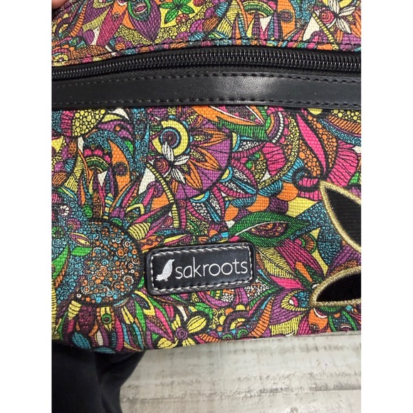 Sakroots Crossbody Bag Colorful Floral Print Black Leather Trim - Picture 4 of 7